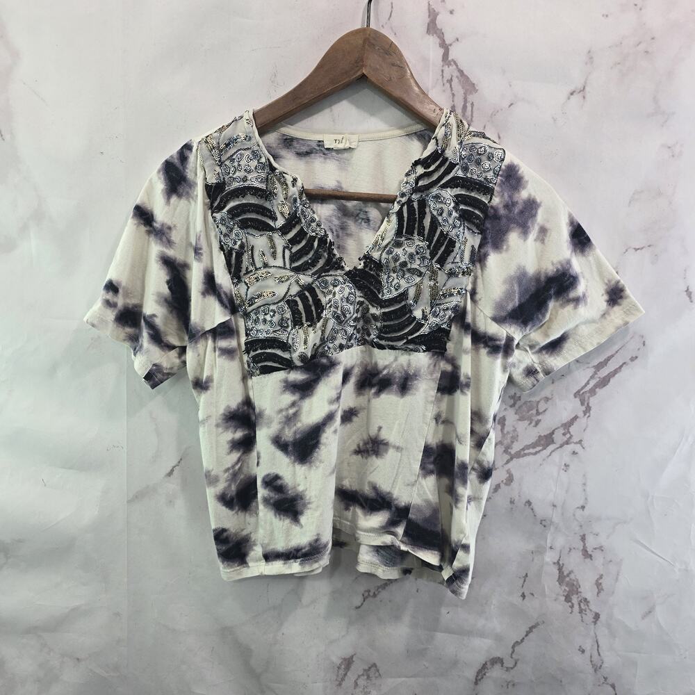 Anthropologie T Shirt Womens XS Purple Sequin Tie Dye Crop Tiny V Boho Elle